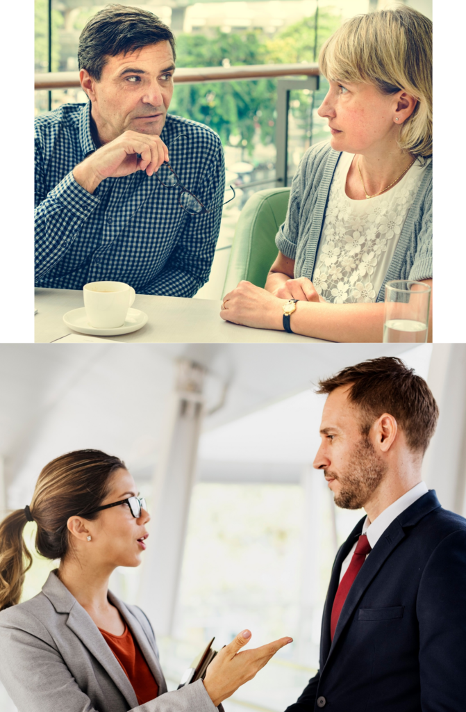 two separate images or two people talking.