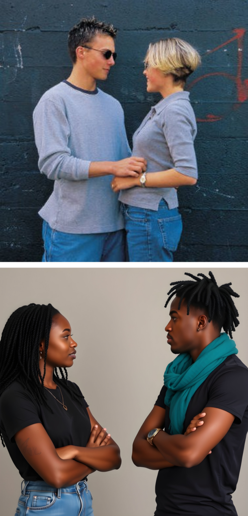 white teen couple facing each other smiling and black couple facing each other with arms crossed